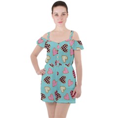 Seamless Pattern With Heart Shaped Cookies With Sugar Icing Ruffle Cut Out Chiffon Playsuit by pakminggu