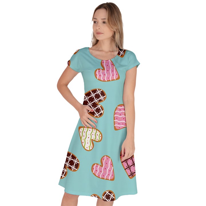 Seamless Pattern With Heart Shaped Cookies With Sugar Icing Classic Short Sleeve Dress