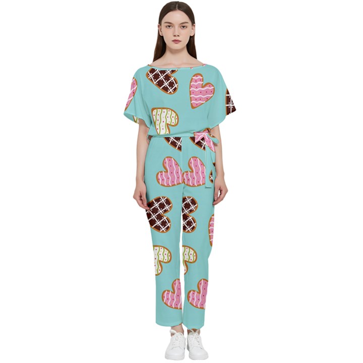 Seamless Pattern With Heart Shaped Cookies With Sugar Icing Batwing Lightweight Chiffon Jumpsuit