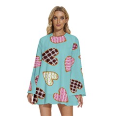 Seamless Pattern With Heart Shaped Cookies With Sugar Icing Round Neck Long Sleeve Bohemian Style Chiffon Mini Dress