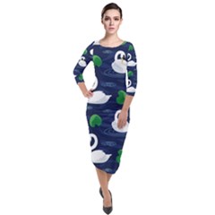 Swan Pattern Elegant Design Quarter Sleeve Midi Velour Bodycon Dress by pakminggu