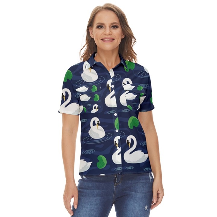 Swan Pattern Elegant Design Women s Short Sleeve Double Pocket Shirt