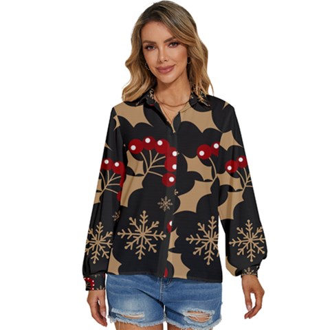 Christmas Pattern With Snowflakes Berries Women s Long Sleeve Button Up Shirt by pakminggu