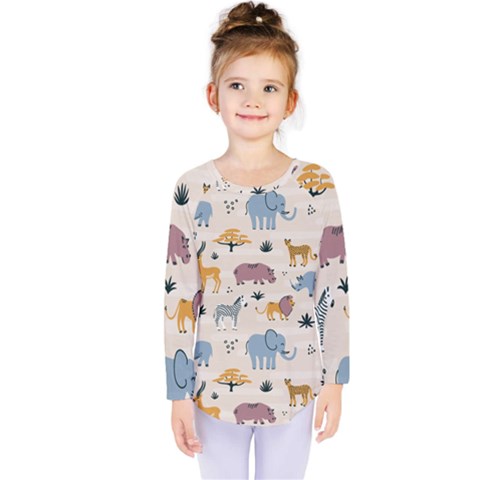 Wild Animals Seamless Pattern Kids  Long Sleeve Tee by pakminggu