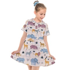 Wild Animals Seamless Pattern Kids  Short Sleeve Shirt Dress by pakminggu