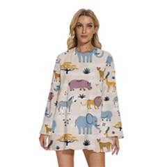 Wild Animals Seamless Pattern Round Neck Long Sleeve Bohemian Style Chiffon Mini Dress by pakminggu