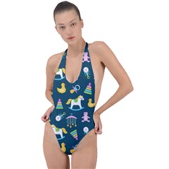 Cute Babies Toys Seamless Pattern Backless Halter One Piece Swimsuit by pakminggu