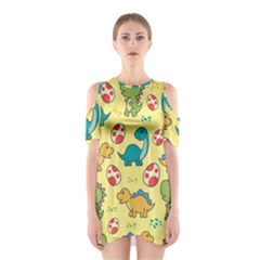 Seamless Pattern With Cute Dinosaurs Character Shoulder Cutout One Piece Dress by pakminggu