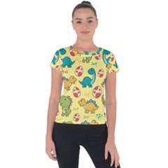 Seamless Pattern With Cute Dinosaurs Character Short Sleeve Sports Top  by pakminggu