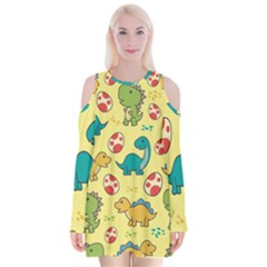 Seamless Pattern With Cute Dinosaurs Character Velvet Long Sleeve Shoulder Cutout Dress by pakminggu