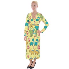 Seamless Pattern With Cute Dinosaurs Character Velvet Maxi Wrap Dress by pakminggu