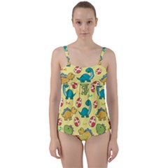 Seamless Pattern With Cute Dinosaurs Character Twist Front Tankini Set by pakminggu