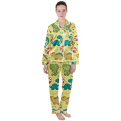 Seamless Pattern With Cute Dinosaurs Character Women s Long Sleeve Satin Pajamas Set	 by pakminggu