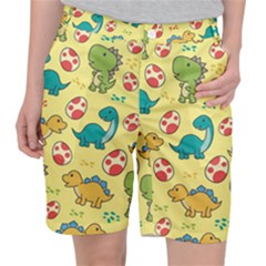 Seamless Pattern With Cute Dinosaurs Character Women s Pocket Shorts by pakminggu