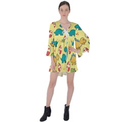 Seamless Pattern With Cute Dinosaurs Character V-neck Flare Sleeve Mini Dress by pakminggu