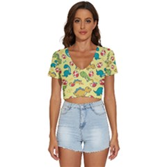 Seamless Pattern With Cute Dinosaurs Character V-neck Crop Top by pakminggu