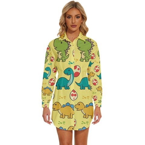 Seamless Pattern With Cute Dinosaurs Character Womens Long Sleeve Shirt Dress by pakminggu