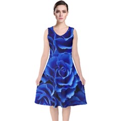 Blue Roses Flowers Plant Romance Blossom Bloom Nature Flora Petals V-neck Midi Sleeveless Dress  by pakminggu