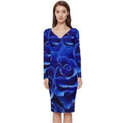 Blue Roses Flowers Plant Romance Blossom Bloom Nature Flora Petals Long Sleeve V-neck Bodycon Dress  by pakminggu