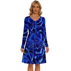 Blue Roses Flowers Plant Romance Blossom Bloom Nature Flora Petals Long Sleeve Dress With Pocket by pakminggu