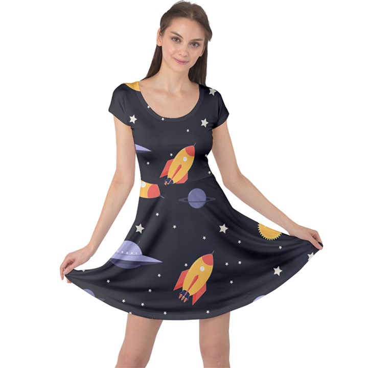 Cosmos Rockets Spaceships Ufos Cap Sleeve Dress