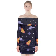 Cosmos Rockets Spaceships Ufos Long Sleeve Off Shoulder Dress by pakminggu