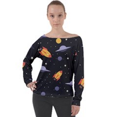 Cosmos Rockets Spaceships Ufos Off Shoulder Long Sleeve Velour Top by pakminggu