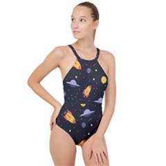 Cosmos Rockets Spaceships Ufos High Neck One Piece Swimsuit