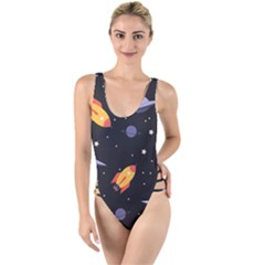 Cosmos Rockets Spaceships Ufos High Leg Strappy Swimsuit by pakminggu