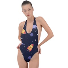 Cosmos Rockets Spaceships Ufos Backless Halter One Piece Swimsuit by pakminggu