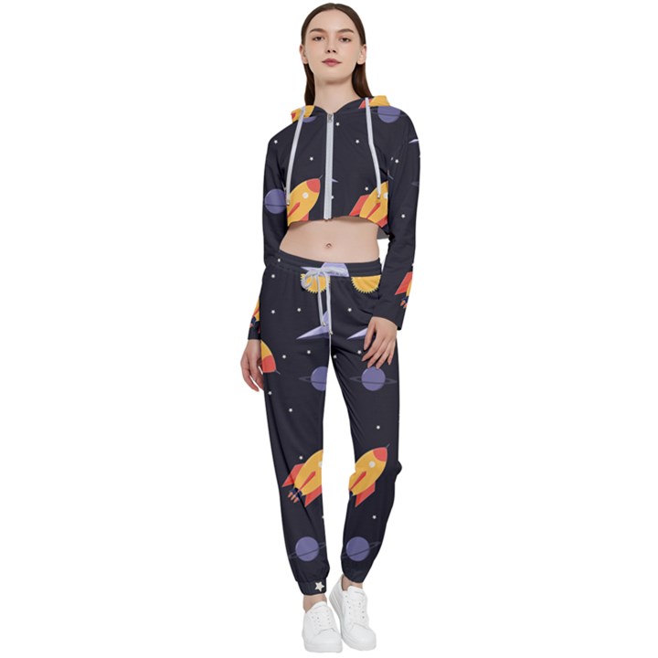 Cosmos Rockets Spaceships Ufos Cropped Zip Up Lounge Set