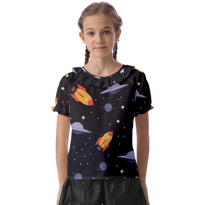 Cosmos Rockets Spaceships Ufos Kids  Frill Chiffon Blouse