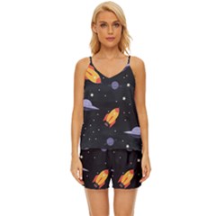 Cosmos Rockets Spaceships Ufos V-neck Satin Pajamas Set