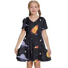 Cosmos Rockets Spaceships Ufos Kids  Short Sleeve Tiered Mini Dress by pakminggu