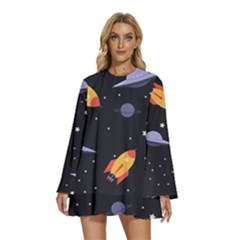 Cosmos Rockets Spaceships Ufos Round Neck Long Sleeve Bohemian Style Chiffon Mini Dress by pakminggu