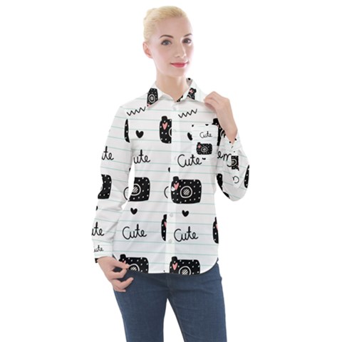 Cute Cameras Doodles Hand Drawn Women s Long Sleeve Pocket Shirt by pakminggu