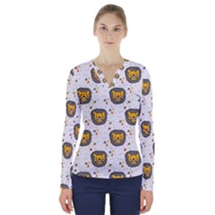 Lion Heads Pattern Design Doodle V-neck Long Sleeve Top by pakminggu