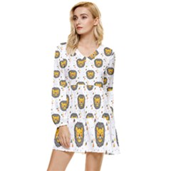 Lion Heads Pattern Design Doodle Tiered Long Sleeve Mini Dress by pakminggu