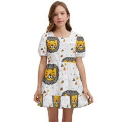 Lion Heads Pattern Design Doodle Kids  Short Sleeve Dolly Dress by pakminggu