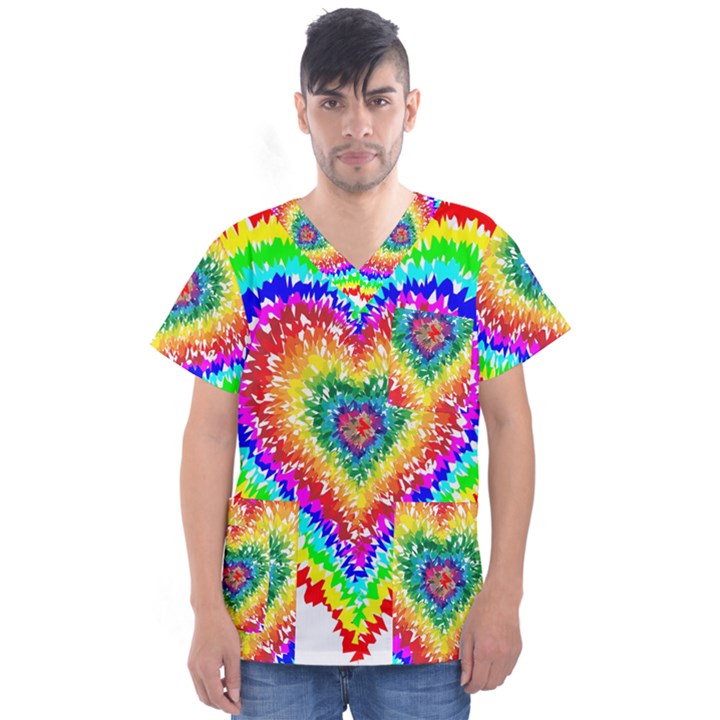 Tie Dye Heart Colorful Prismatic Men s V-Neck Scrub Top