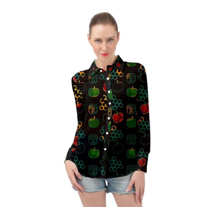 Apples Honey Honeycombs Pattern Long Sleeve Chiffon Shirt