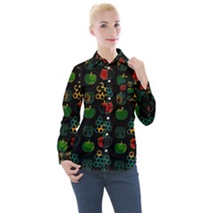 Apples Honey Honeycombs Pattern Women s Long Sleeve Pocket Shirt