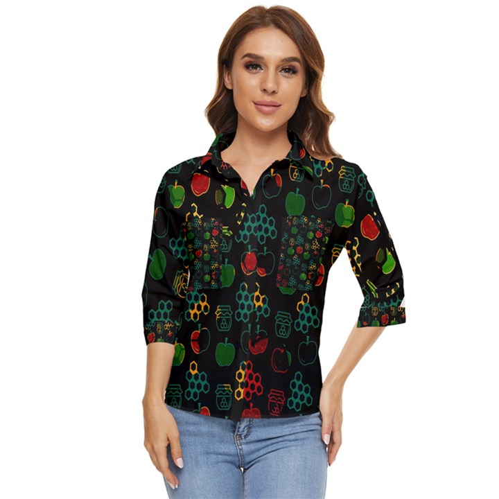 Apples Honey Honeycombs Pattern Women s Quarter Sleeve Pocket Shirt