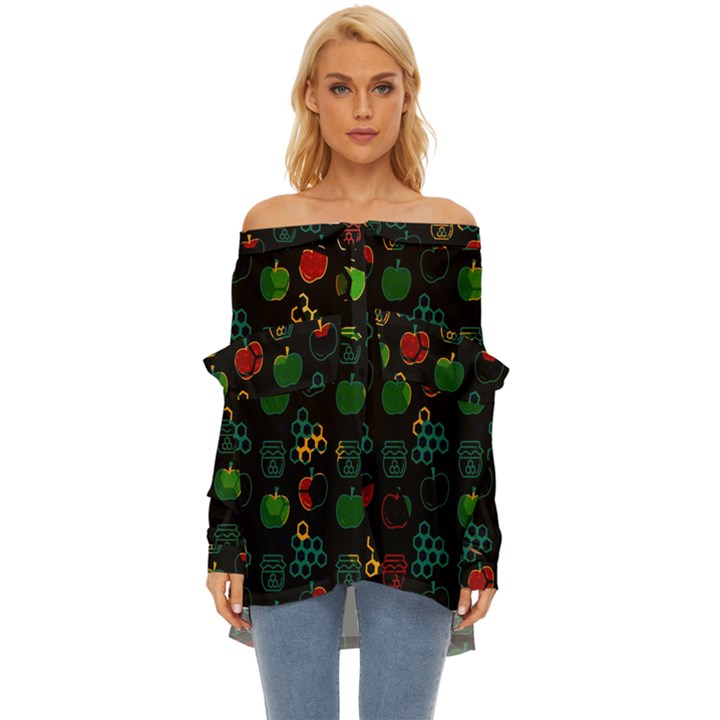 Apples Honey Honeycombs Pattern Off Shoulder Chiffon Pocket Shirt