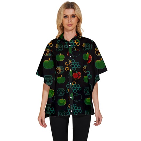 Apples Honey Honeycombs Pattern Women s Batwing Button Up Shirt by pakminggu