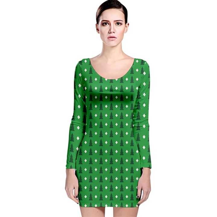 Green Christmas Tree Pattern Background Long Sleeve Velvet Bodycon Dress