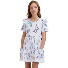 Doodle Pattern Kids  Frilly Sleeves Pocket Dress