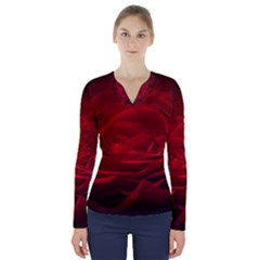 Rose Red Rose Red Flower Petals Waves Glow V-neck Long Sleeve Top by pakminggu