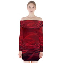 Rose Red Rose Red Flower Petals Waves Glow Long Sleeve Off Shoulder Dress by pakminggu