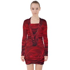 Rose Red Rose Red Flower Petals Waves Glow V-neck Bodycon Long Sleeve Dress by pakminggu